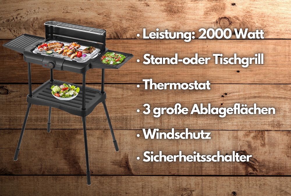 Steinborg 2in1 elektrischer Standgrill große Ablageflächen 2.000 Watt