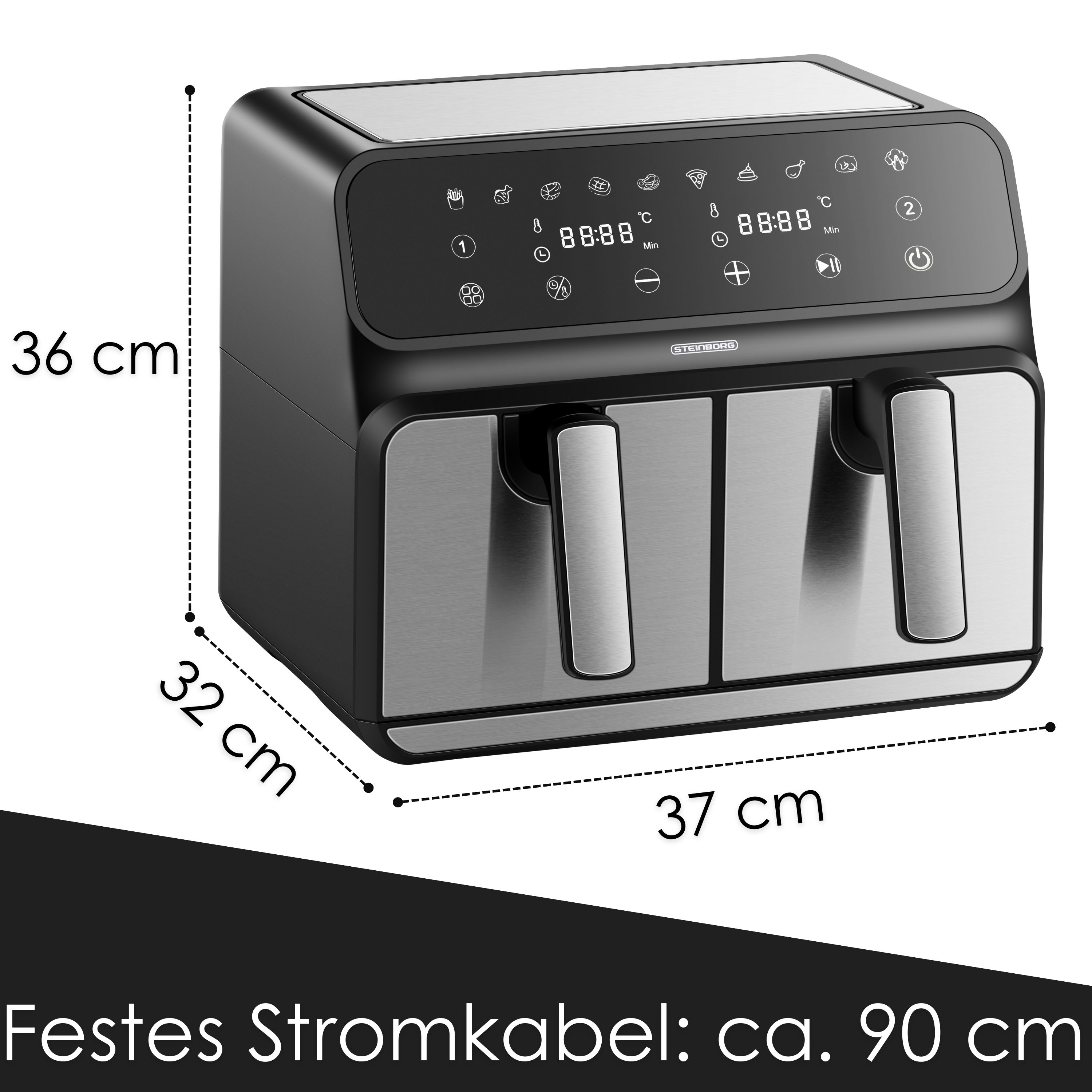 Steinborg Duale Heißluftfritteuse | 4+4 Liter | Heissluftfritteuse | 4 in 1 Mini Backofen