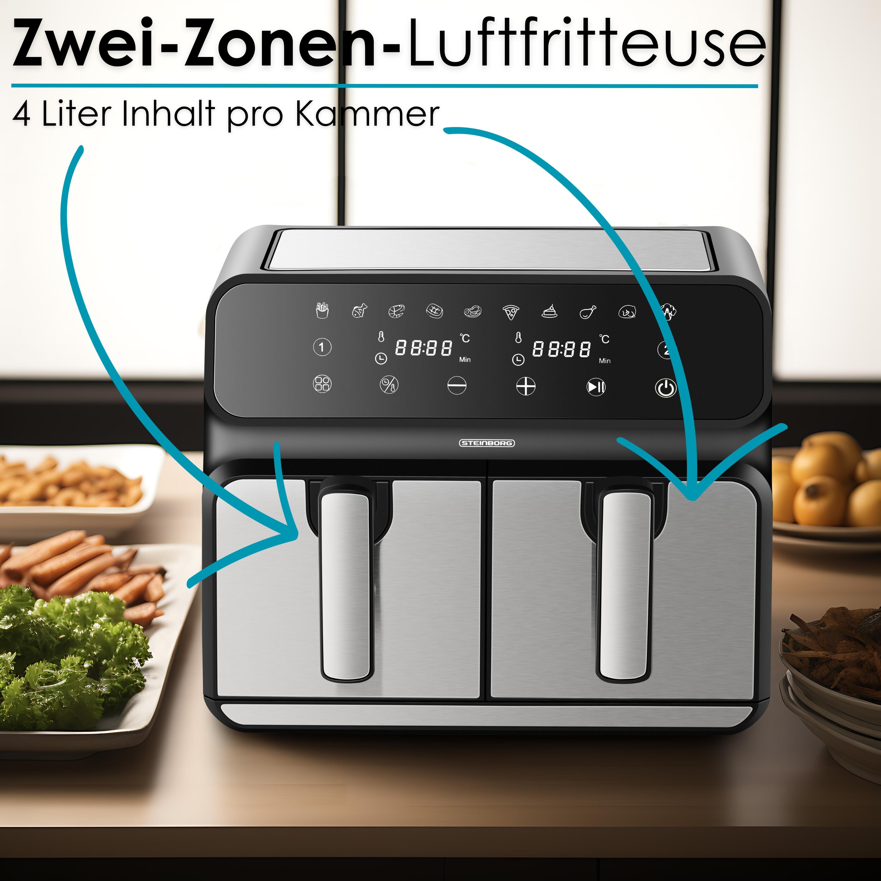 Steinborg Duale Heißluftfritteuse | 4+4 Liter | Heissluftfritteuse | 4 in 1 Mini Backofen