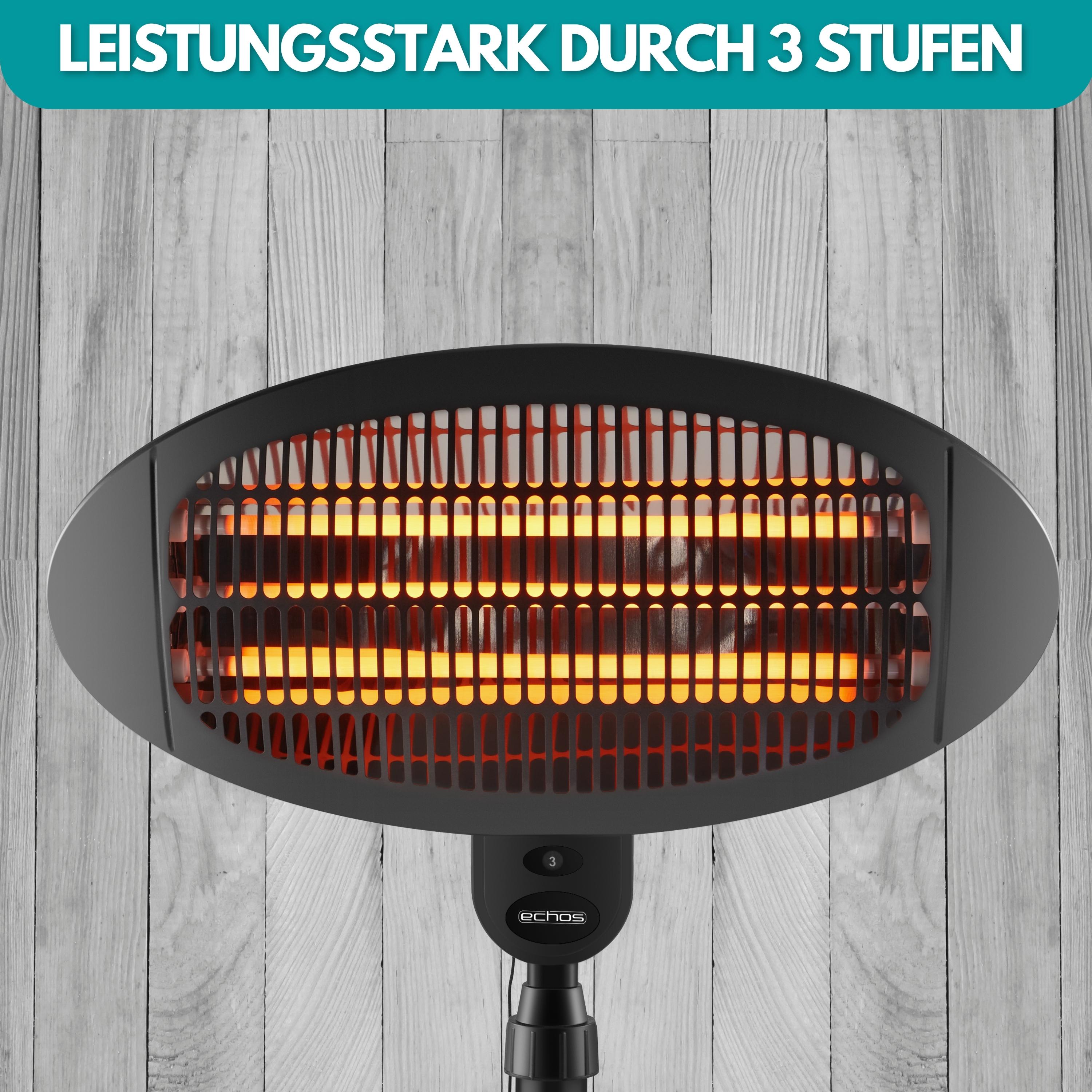 Echos Heizstrahler | Überhitzungsschutz | 3 Leistungsstufen | 650 Watt | 1350 Watt | 2000 Watt