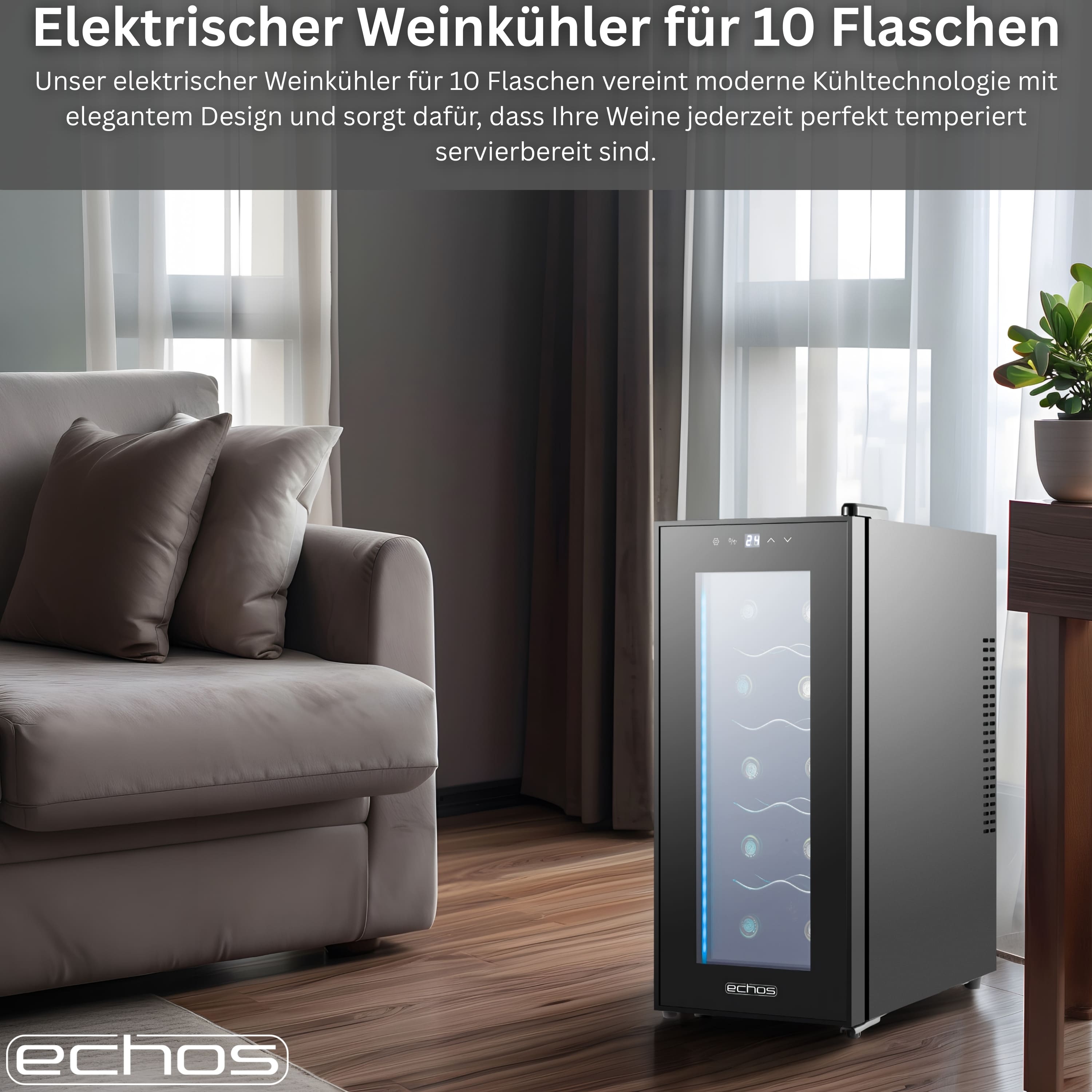 Echos Weinkühler 28 Liter | 10 Flaschen | Glastür