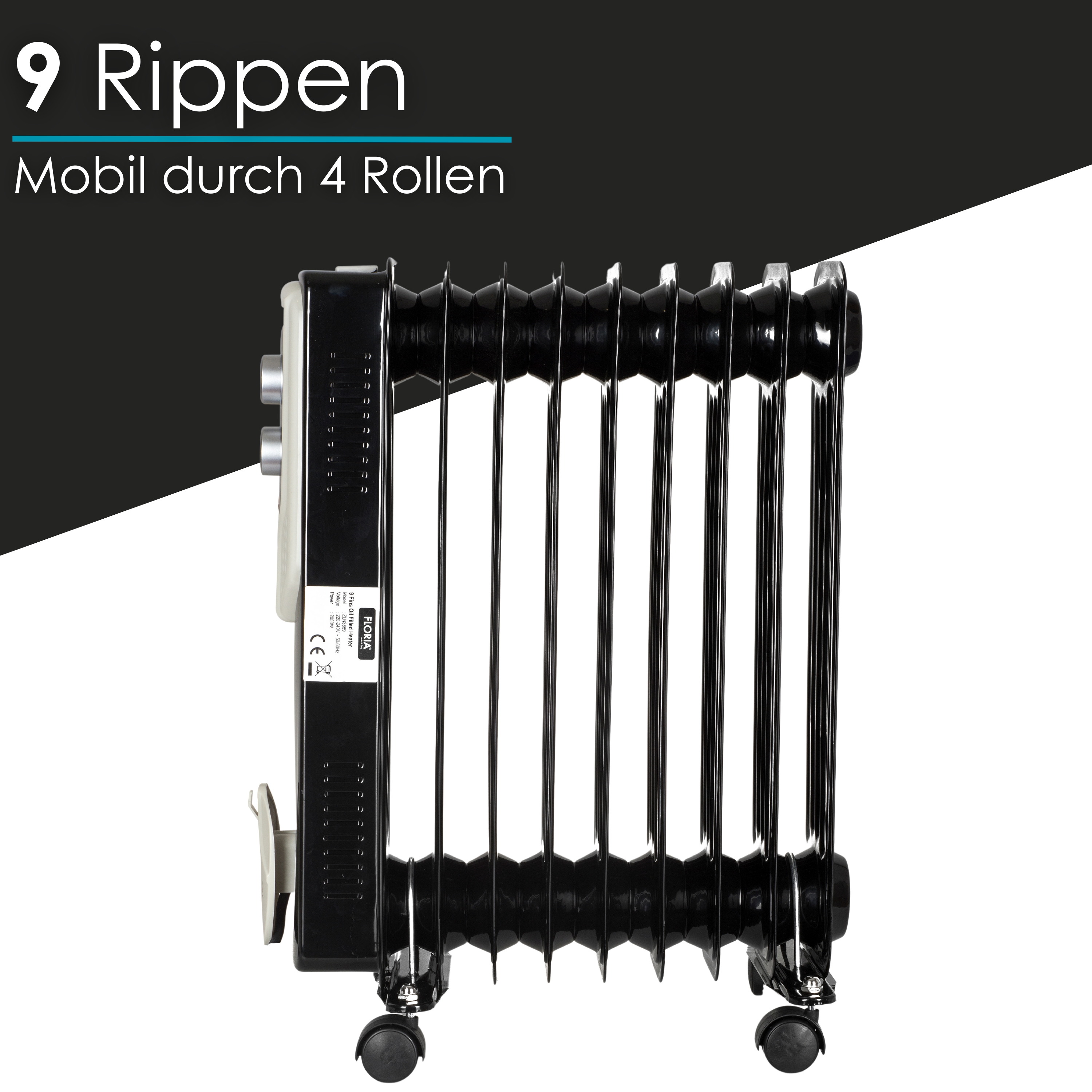 Zilan 9 Rippen Öl Radiator 2000 Watt| Elektroheizung | Heizstrahler | 3 Heizstufen