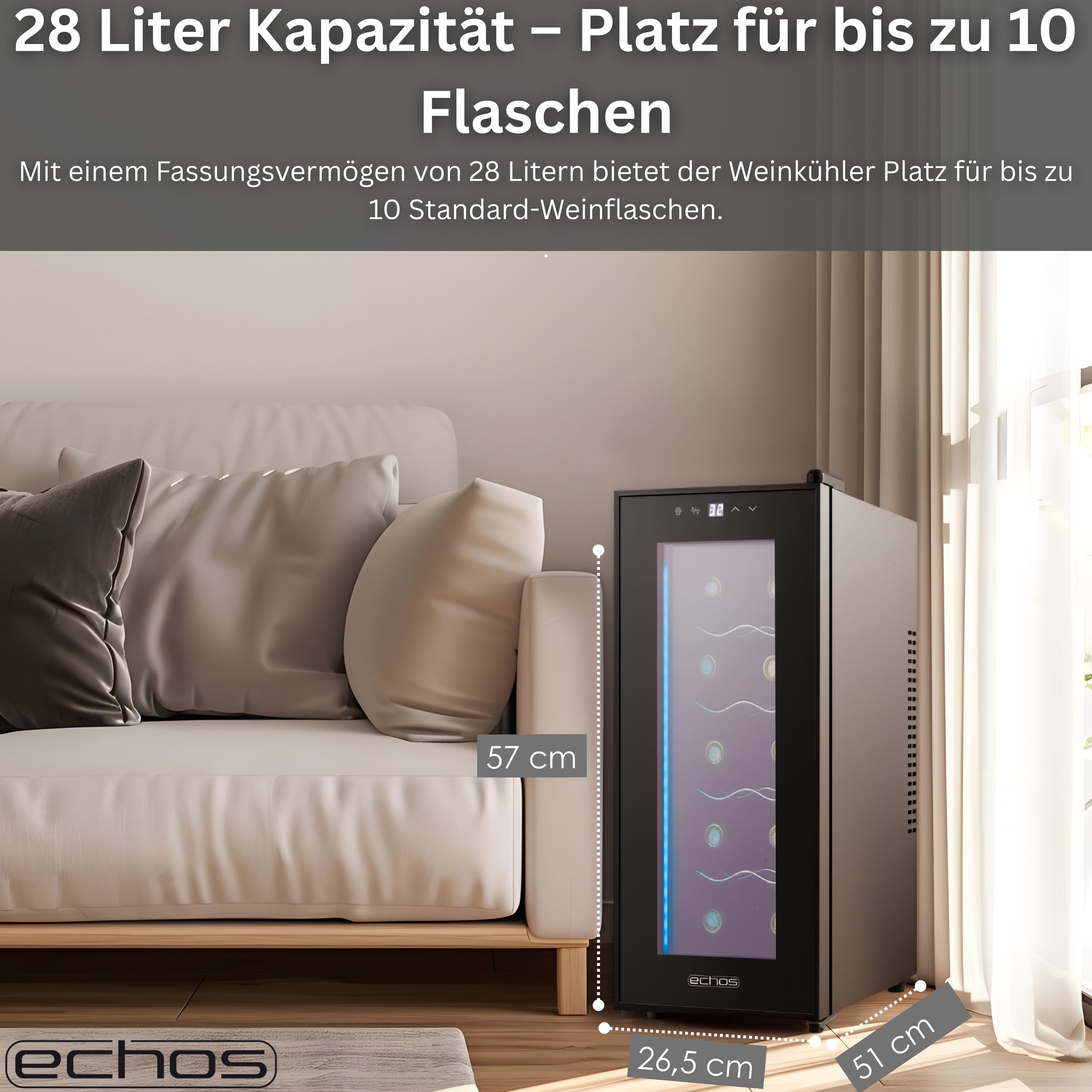 Echos Weinkühler 28 Liter | 10 Flaschen | Glastür