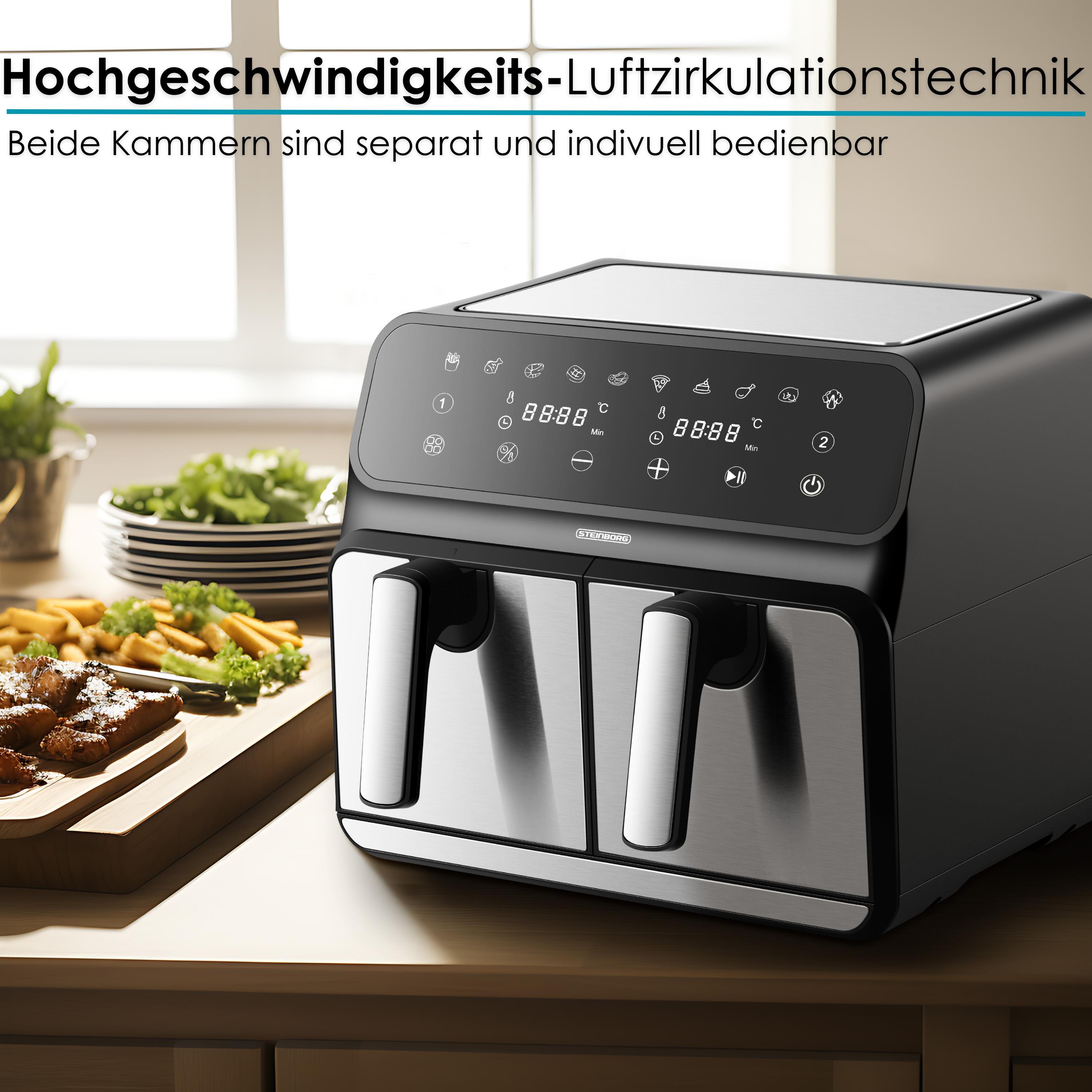 Steinborg Duale Heißluftfritteuse | 4+4 Liter | Heissluftfritteuse | 4 in 1 Mini Backofen