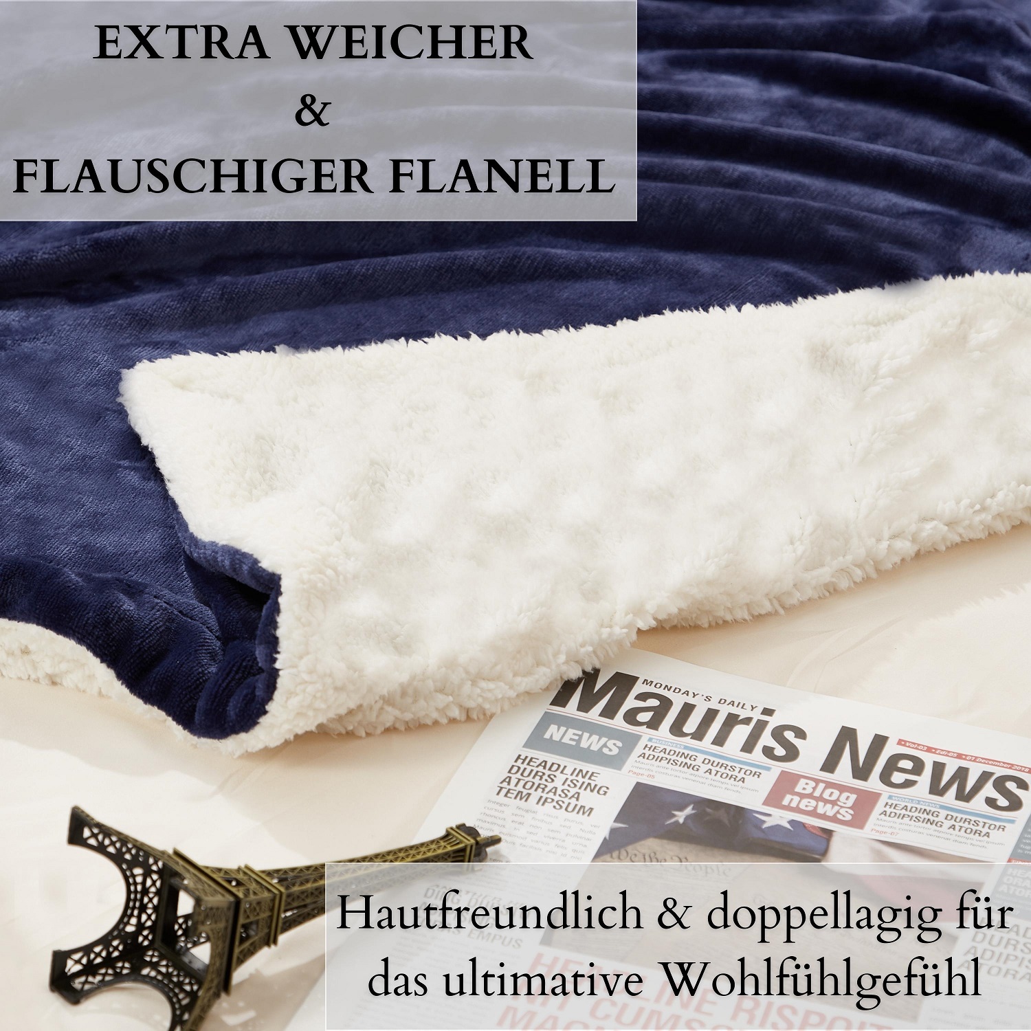 Ecosa EO-9508 Kuscheldecke 130*150cm Marine Blau+Weiß