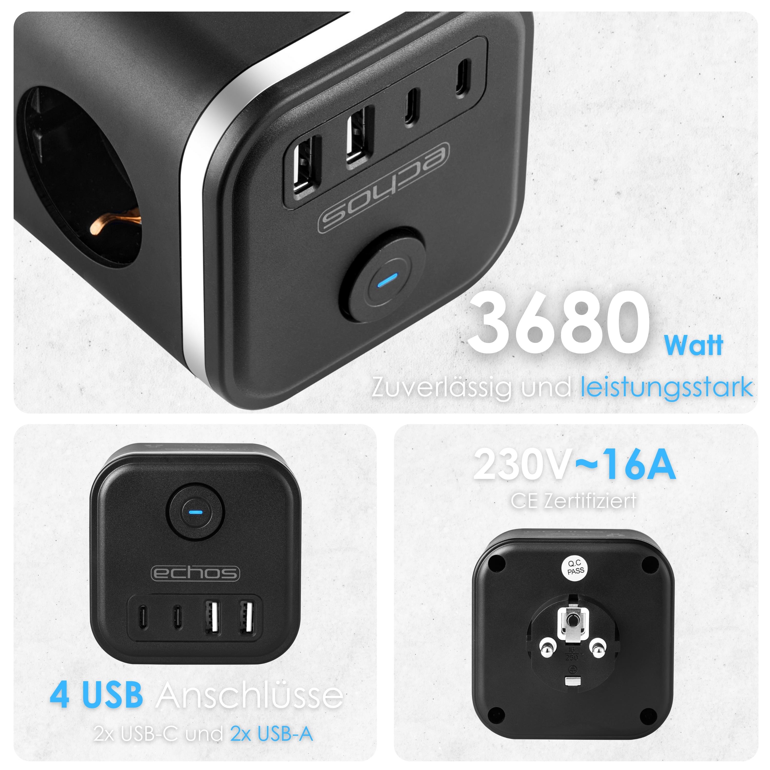 Echos Eco-4133 Steckdosenwürfel Schwarz Silber ohne Kabel