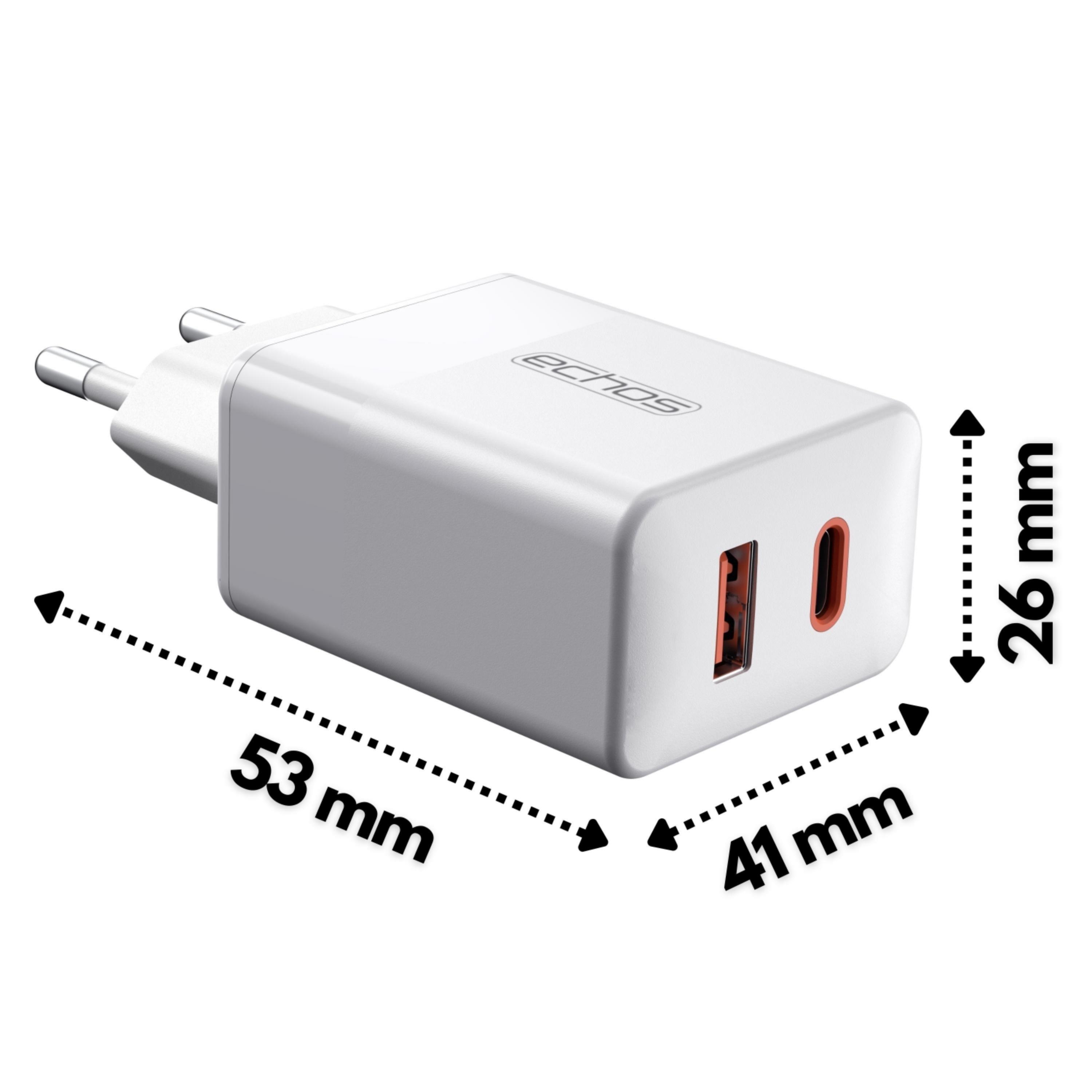 Echos 33W Dualport USB-C + USB-A Schnellladegerät | QC3.0, PD und PPS Echos 33W Dualport USB-C + USB-A Schnellladegerät | QC3.0, PD und PPS
