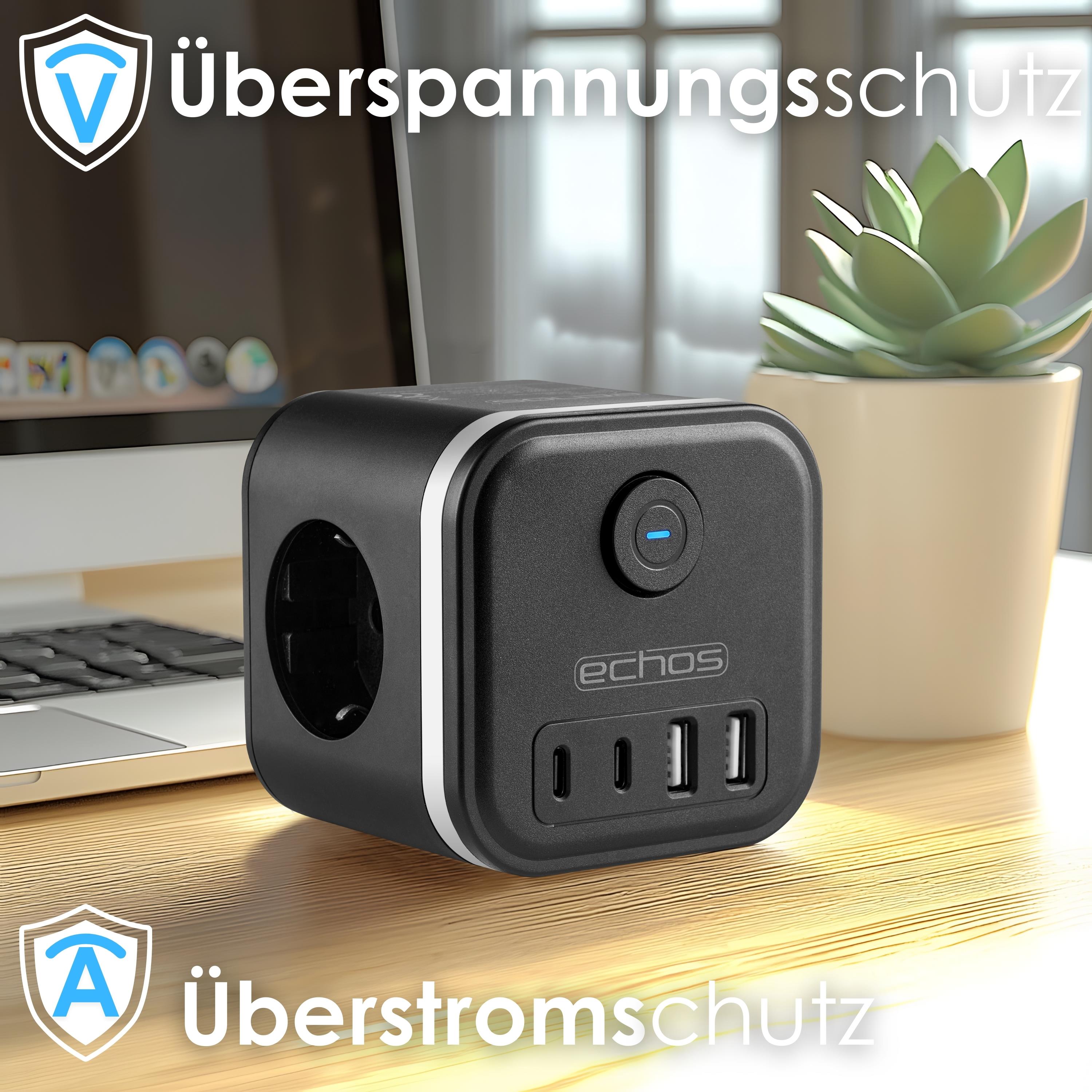 Echos Eco-4133 Steckdosenwürfel Schwarz Silber ohne Kabel