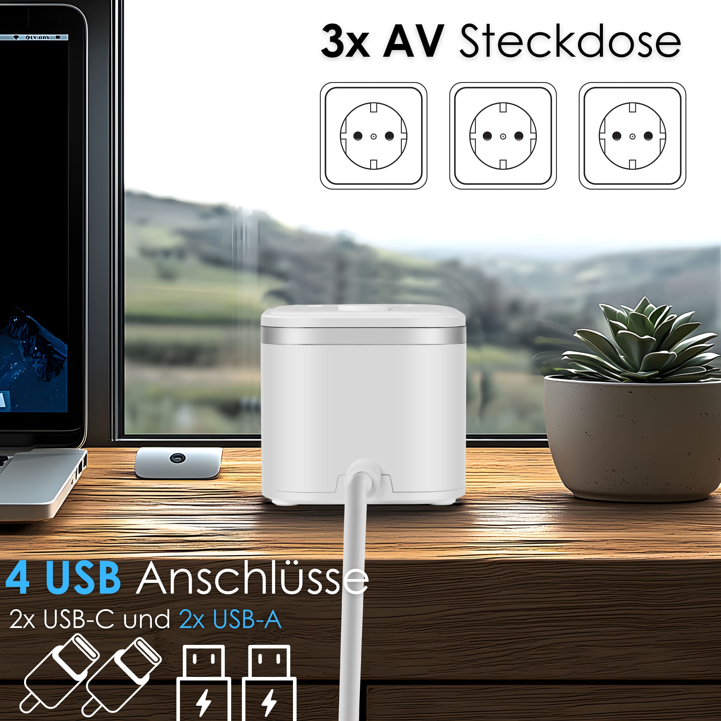 Echos Eco-4134 Steckdosenwürfel Weiß Silber mit Kabel