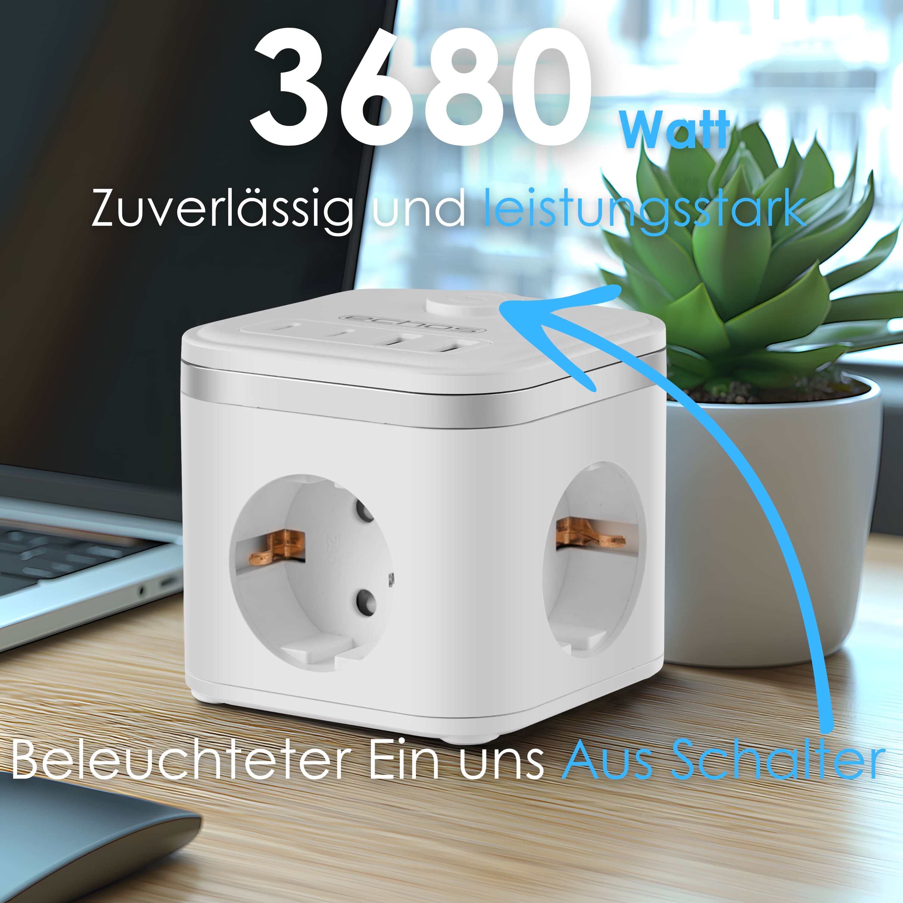 Echos Eco-4134 Steckdosenwürfel Weiß Silber mit Kabel