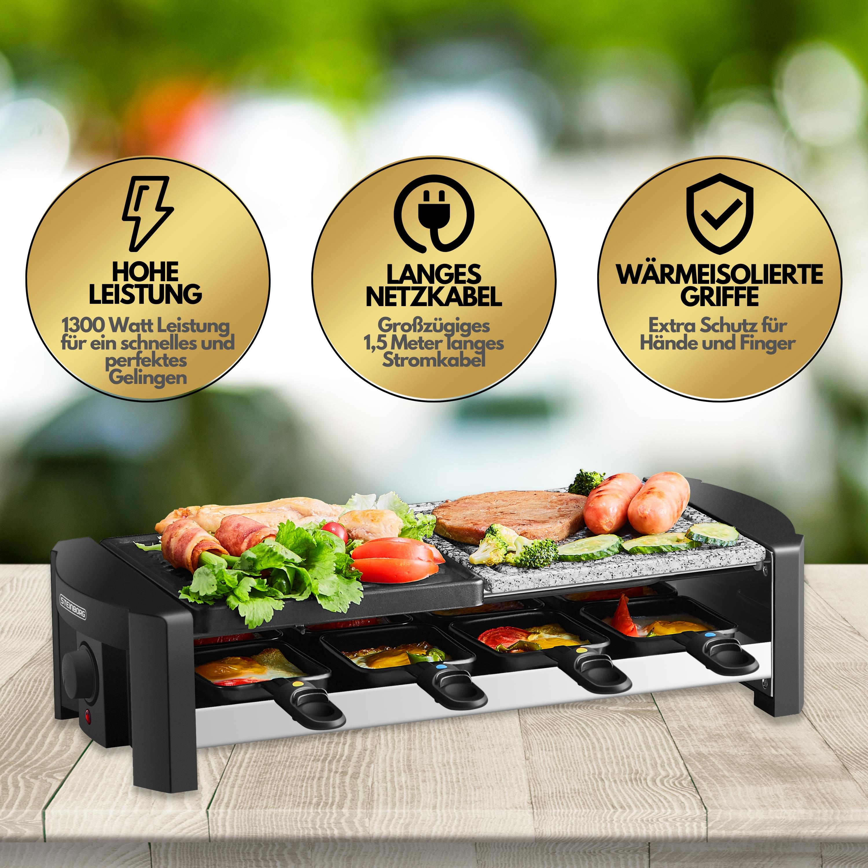 Steinborg Raclette Grill | Raclette Party Grill für 8 Personen | Mit kombinierter Grillfläche