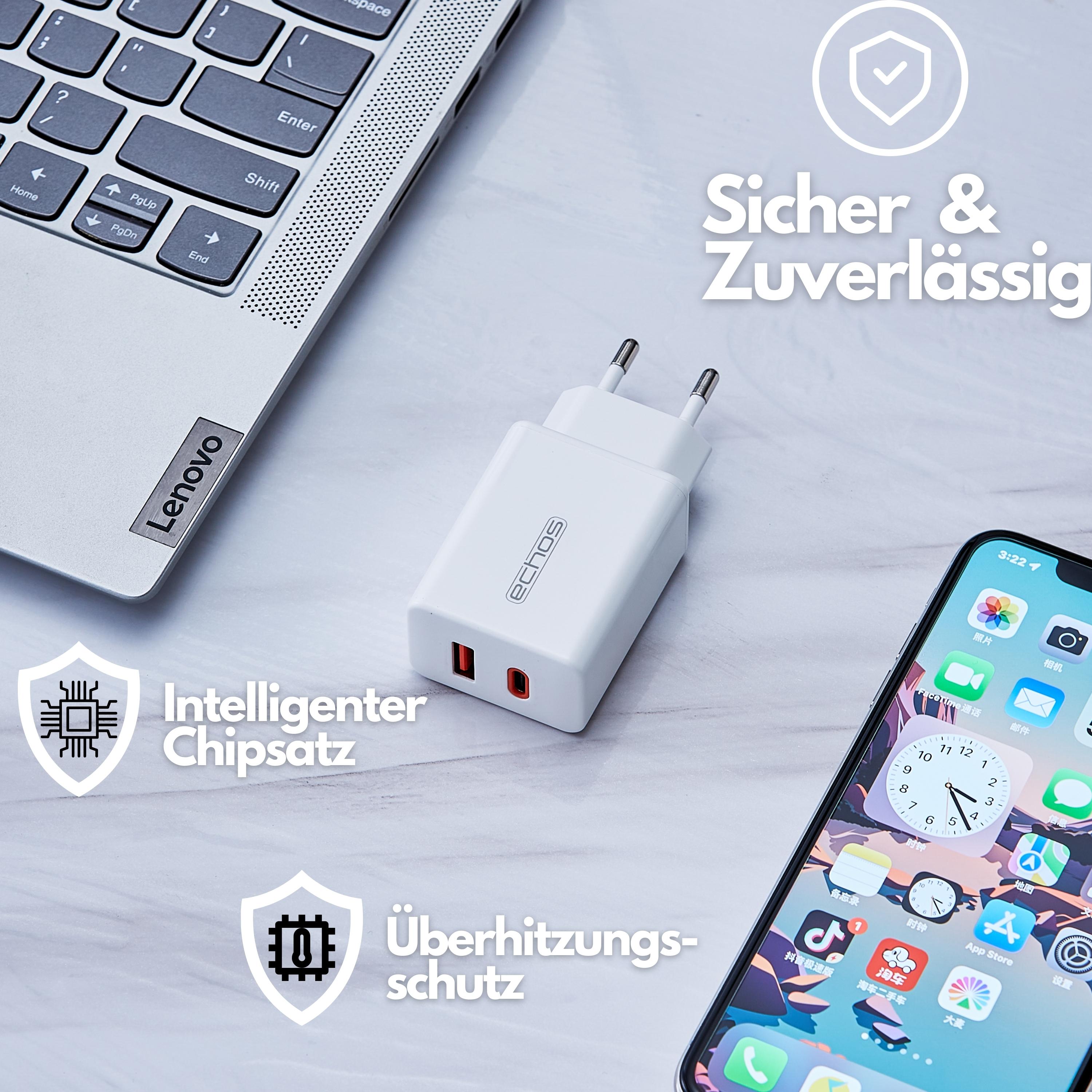 Echos 33W Dualport USB-C + USB-A Schnellladegerät | QC3.0, PD und PPS Echos 33W Dualport USB-C + USB-A Schnellladegerät | QC3.0, PD und PPS