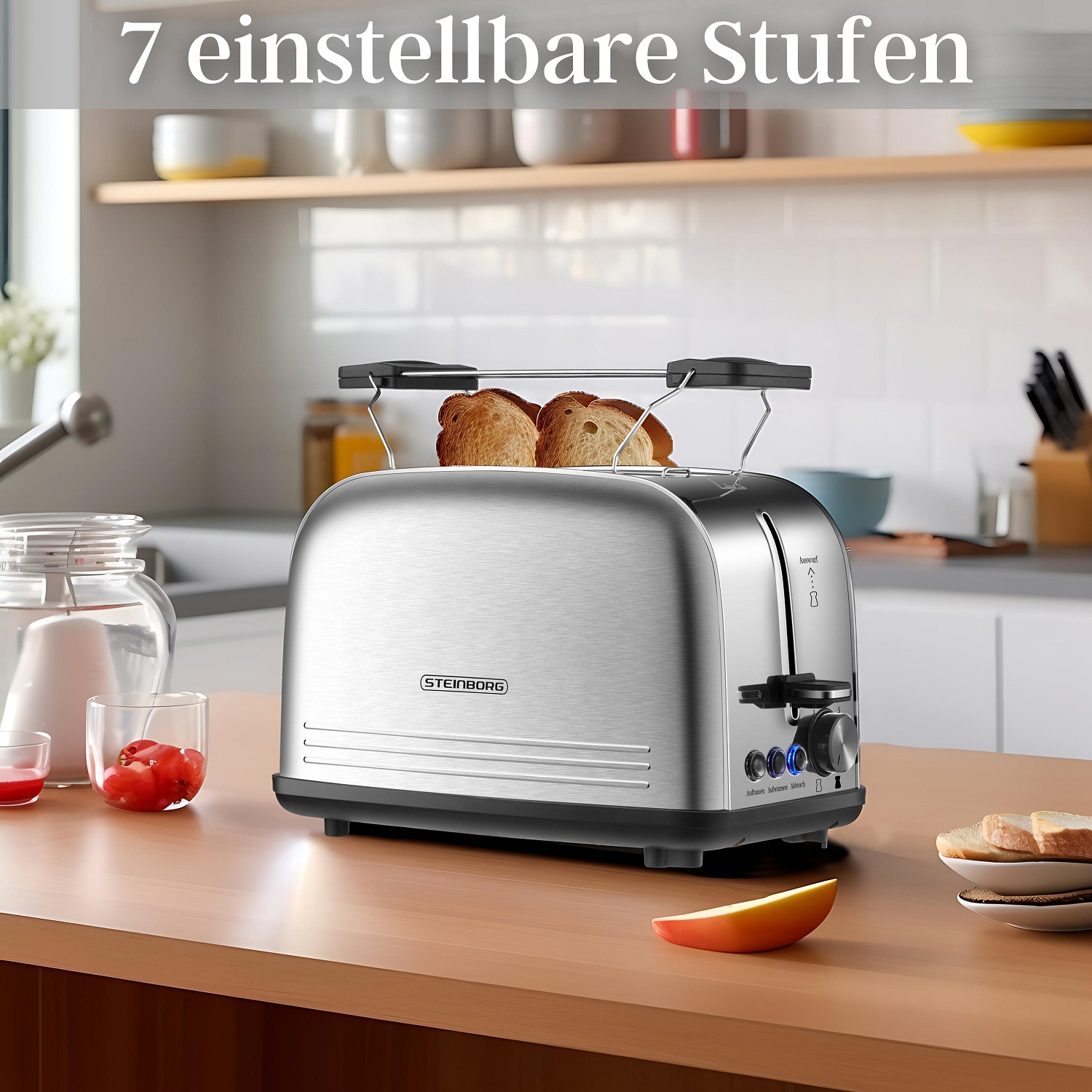 Steinborg 2 Scheiben Edelstahl Toaster | Mit Brötchenaufsatz