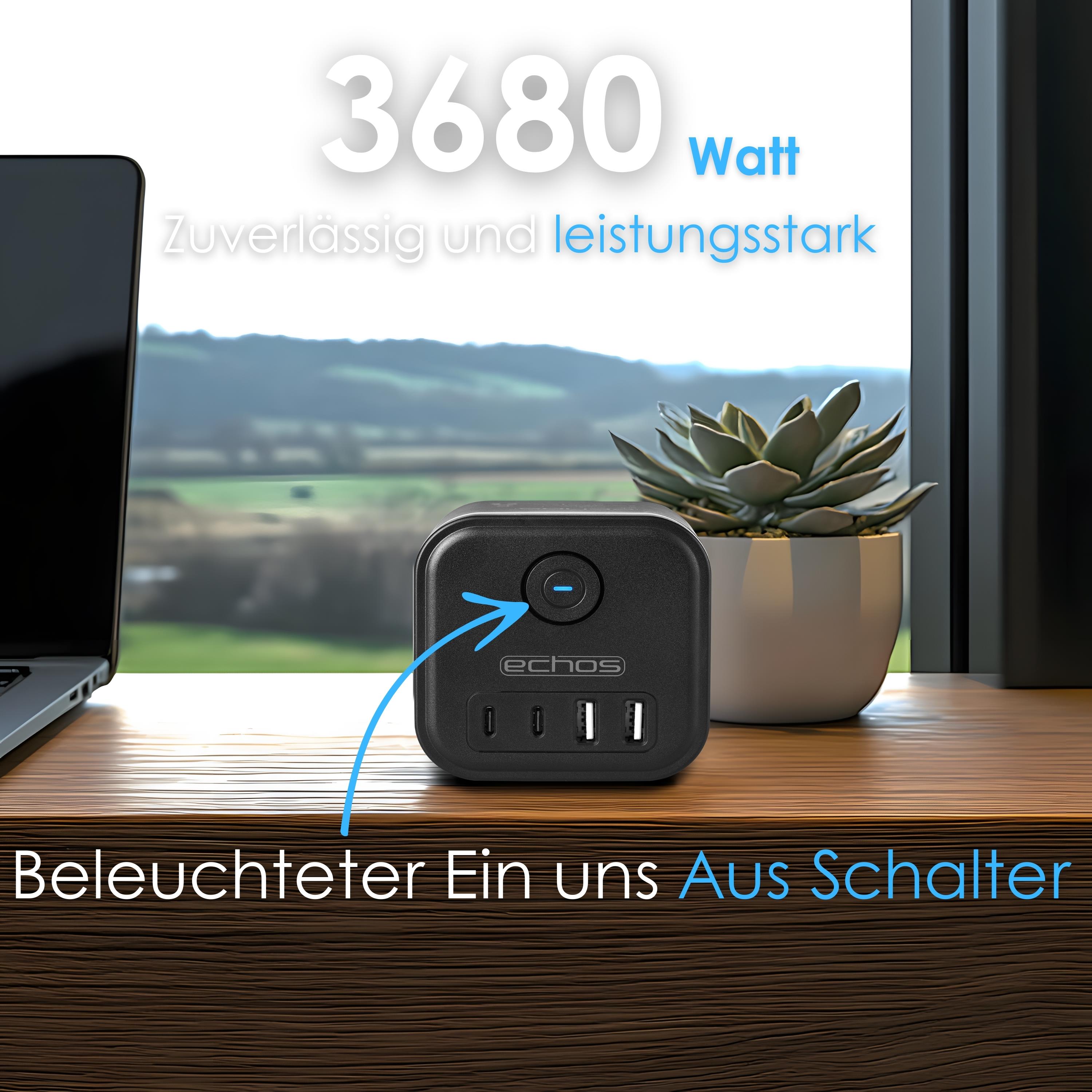 Echos Eco-4133 Steckdosenwürfel Schwarz Silber ohne Kabel