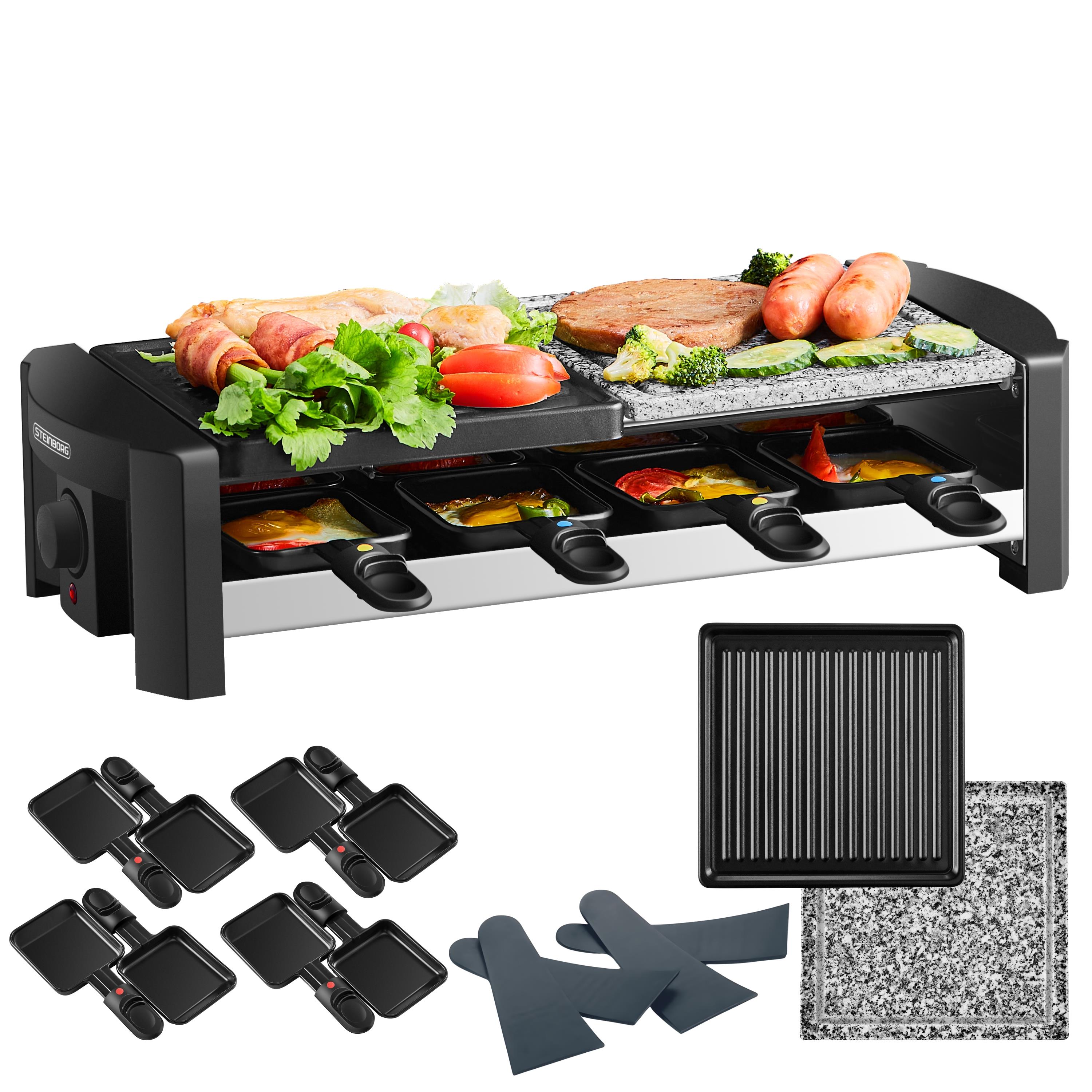 Steinborg Raclette Grill | Raclette Party Grill für 8 Personen | Mit kombinierter Grillfläche